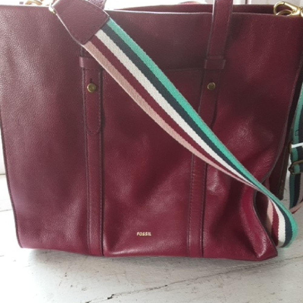 Fossil Burgundy Tote Bag with Multicolor Strap